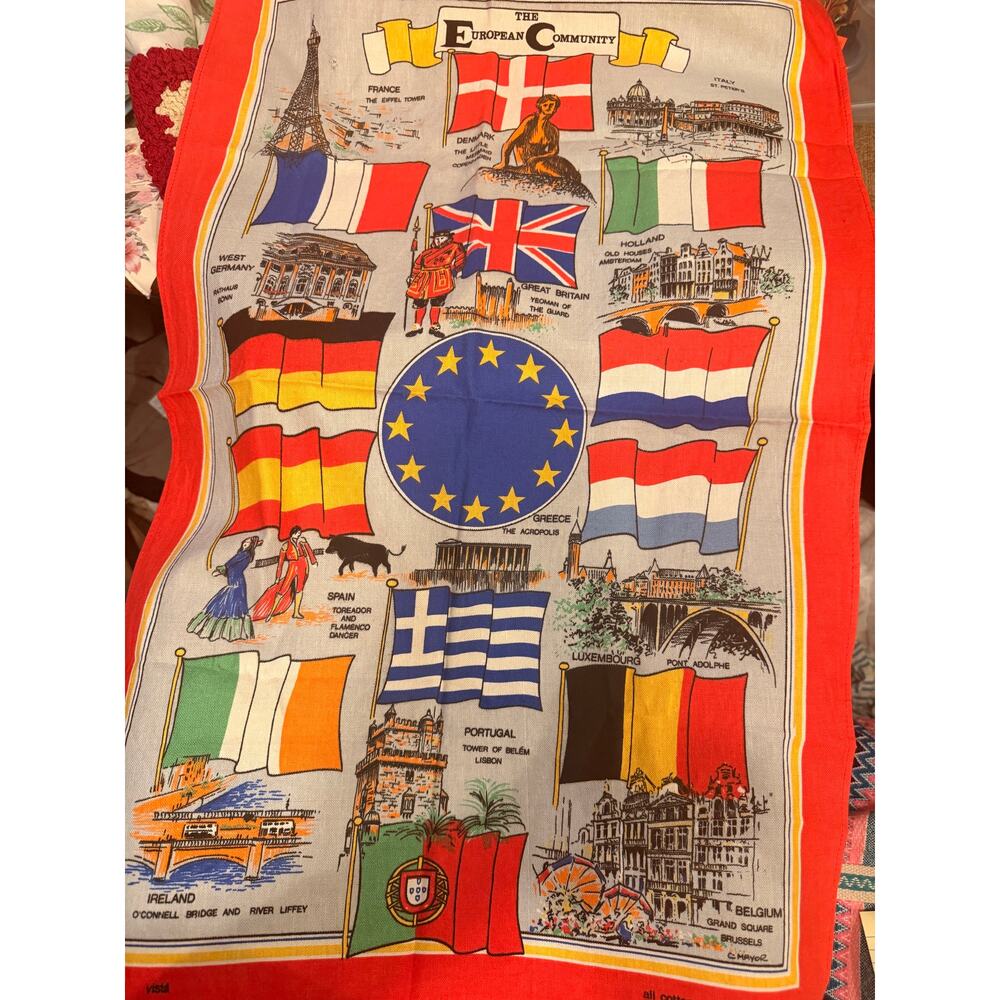 European  Vintage Cotton Tea Towel 1970-80s Made in Britain Flags Landmarks